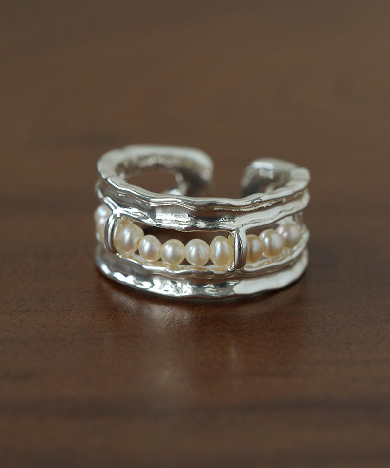Hand Hammered Textured Inlaid Pearl Glass Adjustable Open Ring - floysun