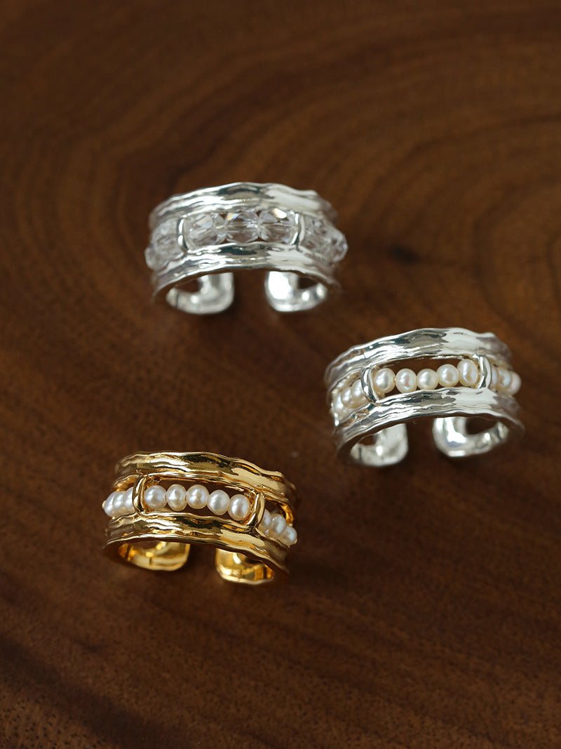 Hand Hammered Textured Inlaid Pearl Glass Adjustable Open Ring - floysun