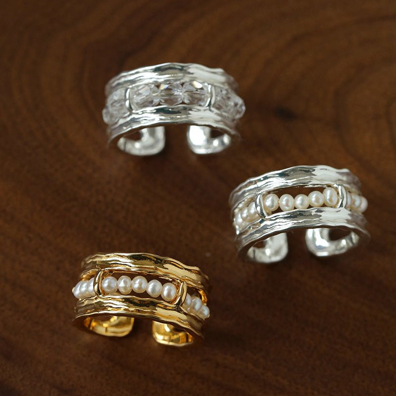 Hand Hammered Textured Inlaid Pearl Glass Adjustable Open Ring - floysun