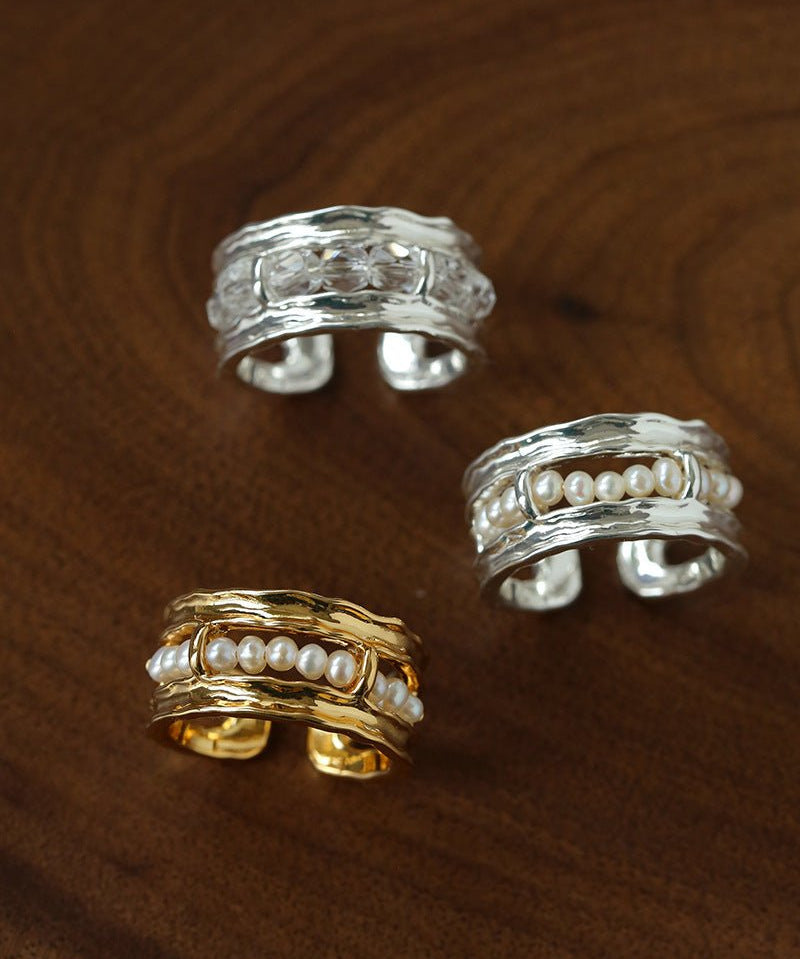 Hand Hammered Textured Inlaid Pearl Glass Adjustable Open Ring - floysun