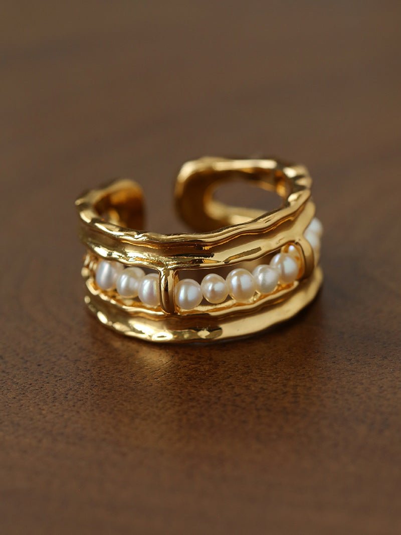 Hand Hammered Textured Inlaid Pearl Glass Adjustable Open Ring - floysun