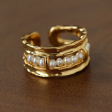 Hand Hammered Textured Inlaid Pearl Glass Adjustable Open Ring - floysun