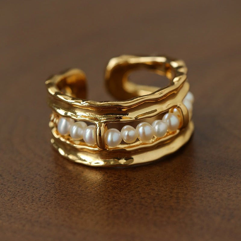 Hand Hammered Textured Inlaid Pearl Glass Adjustable Open Ring - floysun