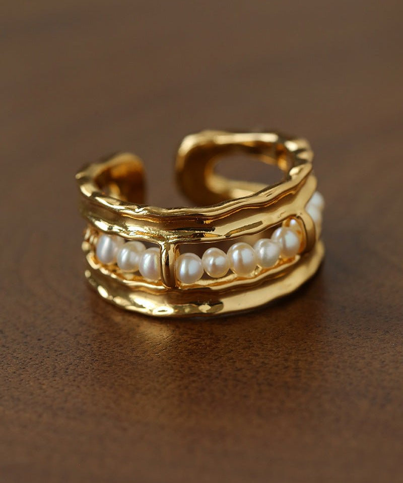 Hand Hammered Textured Inlaid Pearl Glass Adjustable Open Ring - floysun