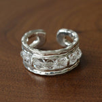 Hand Hammered Textured Inlaid Pearl Glass Adjustable Open Ring - floysun