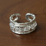 Hand Hammered Textured Inlaid Pearl Glass Adjustable Open Ring - floysun