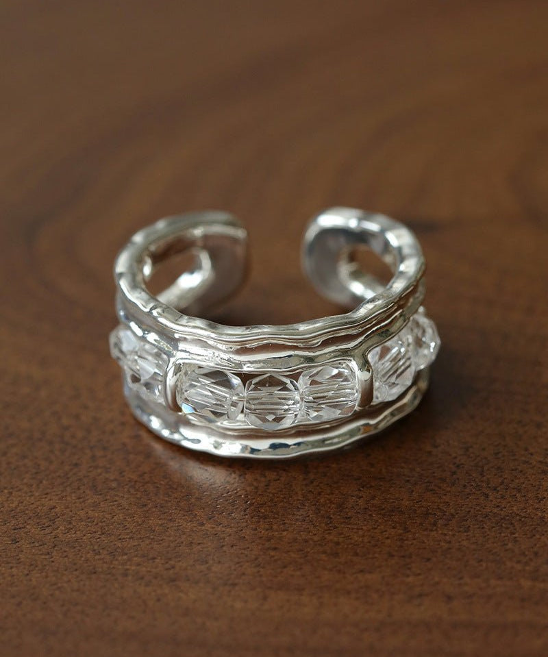 Hand Hammered Textured Inlaid Pearl Glass Adjustable Open Ring - floysun