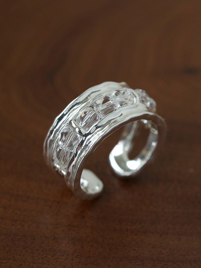 Hand Hammered Textured Inlaid Pearl Glass Adjustable Open Ring - floysun