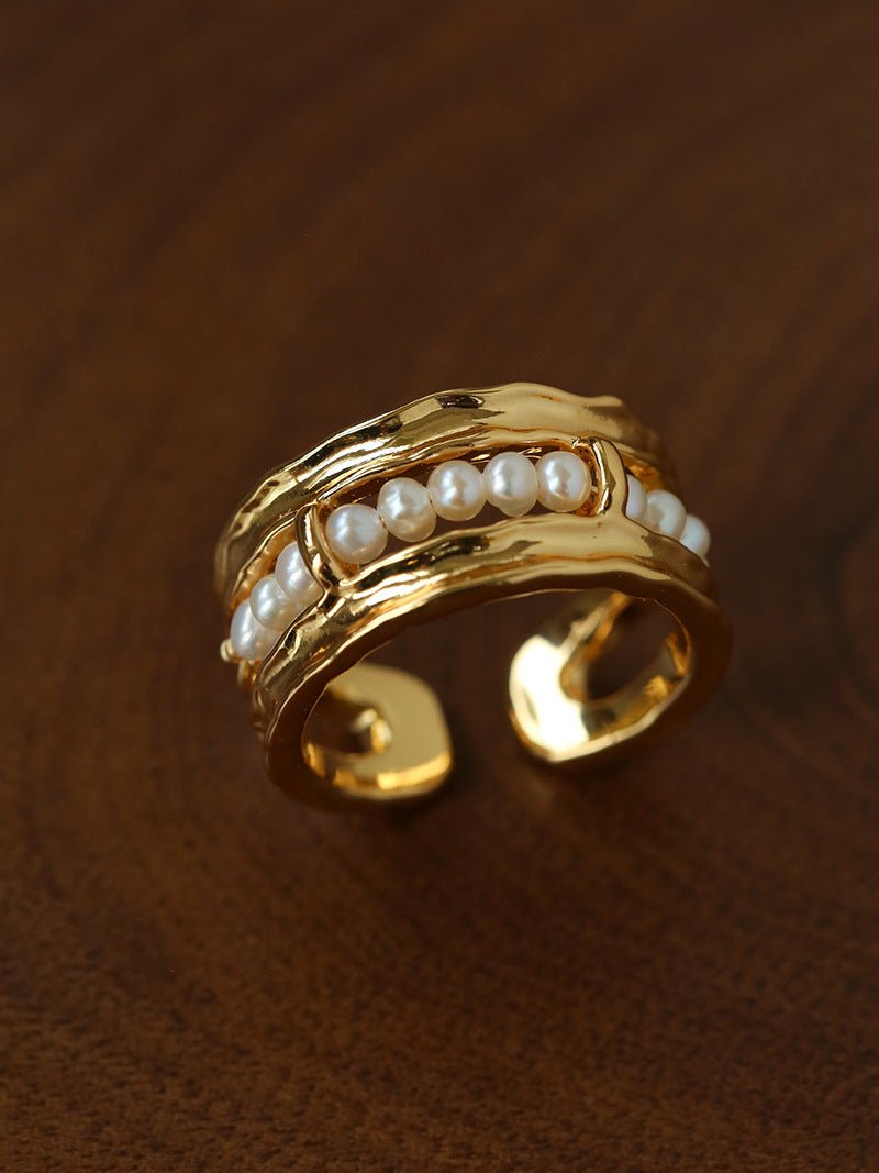 Hand Hammered Textured Inlaid Pearl Glass Adjustable Open Ring - floysun
