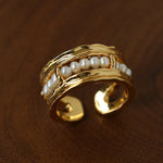 Hand Hammered Textured Inlaid Pearl Glass Adjustable Open Ring - floysun