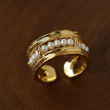 Hand Hammered Textured Inlaid Pearl Glass Adjustable Open Ring - floysun
