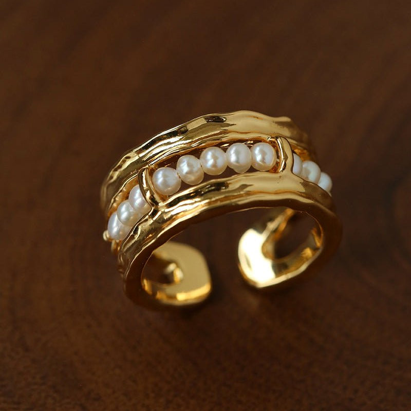 Hand Hammered Textured Inlaid Pearl Glass Adjustable Open Ring - floysun