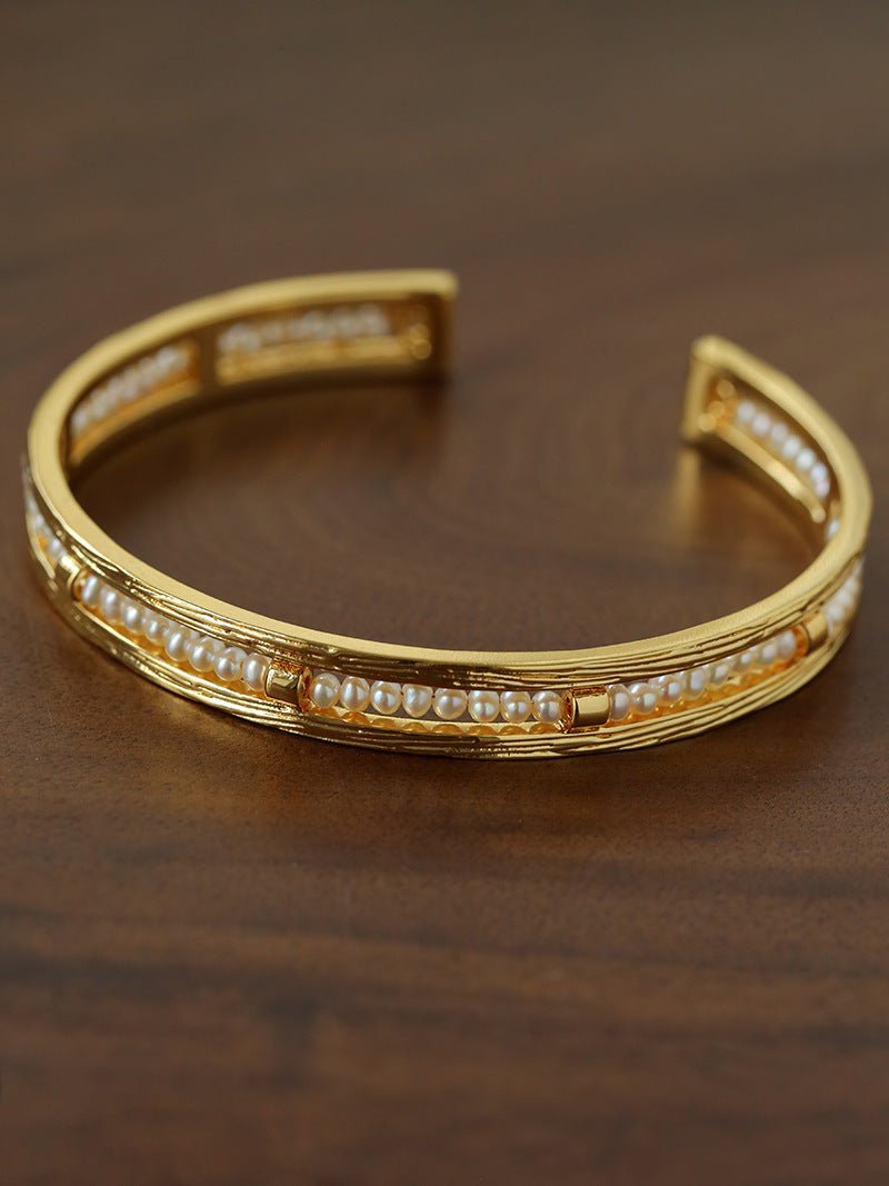 Hand Hammered Textured Inlaid Pearl Natural Stone Glass Open Cuff Bangle - floysun