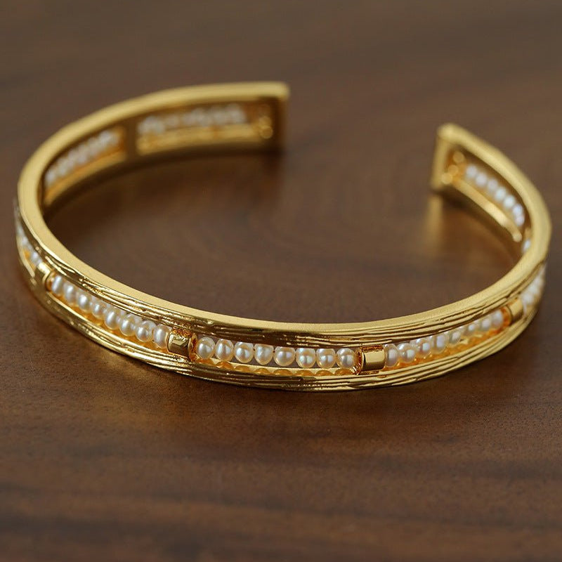 Hand Hammered Textured Inlaid Pearl Natural Stone Glass Open Cuff Bangle - floysun