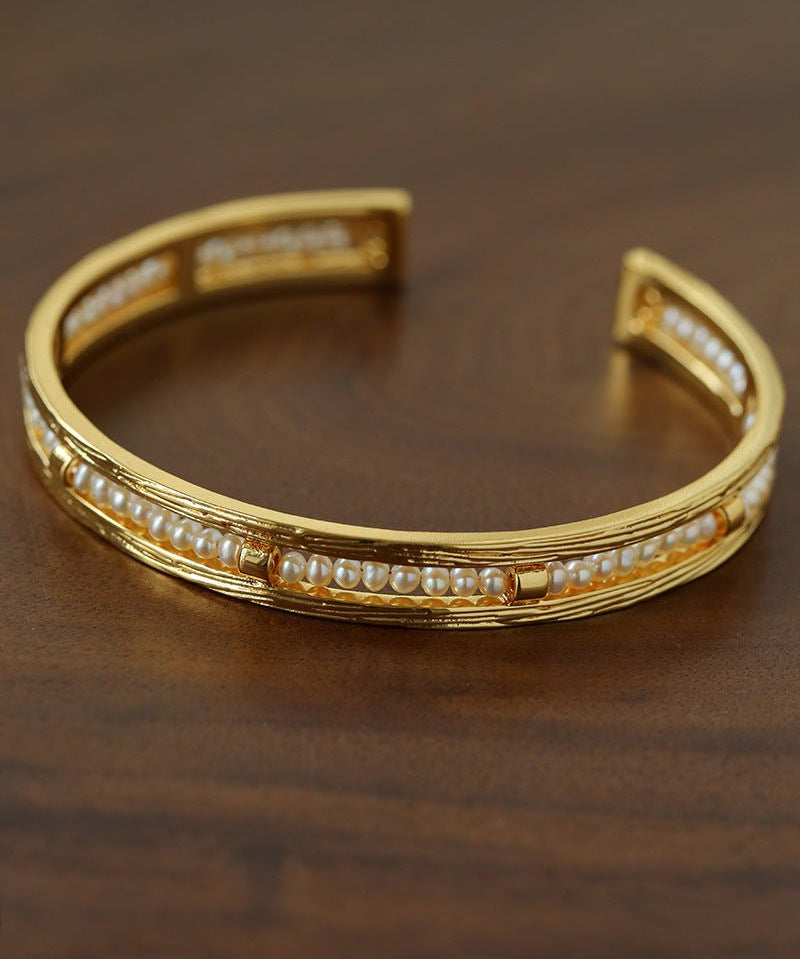 Hand Hammered Textured Inlaid Pearl Natural Stone Glass Open Cuff Bangle - floysun
