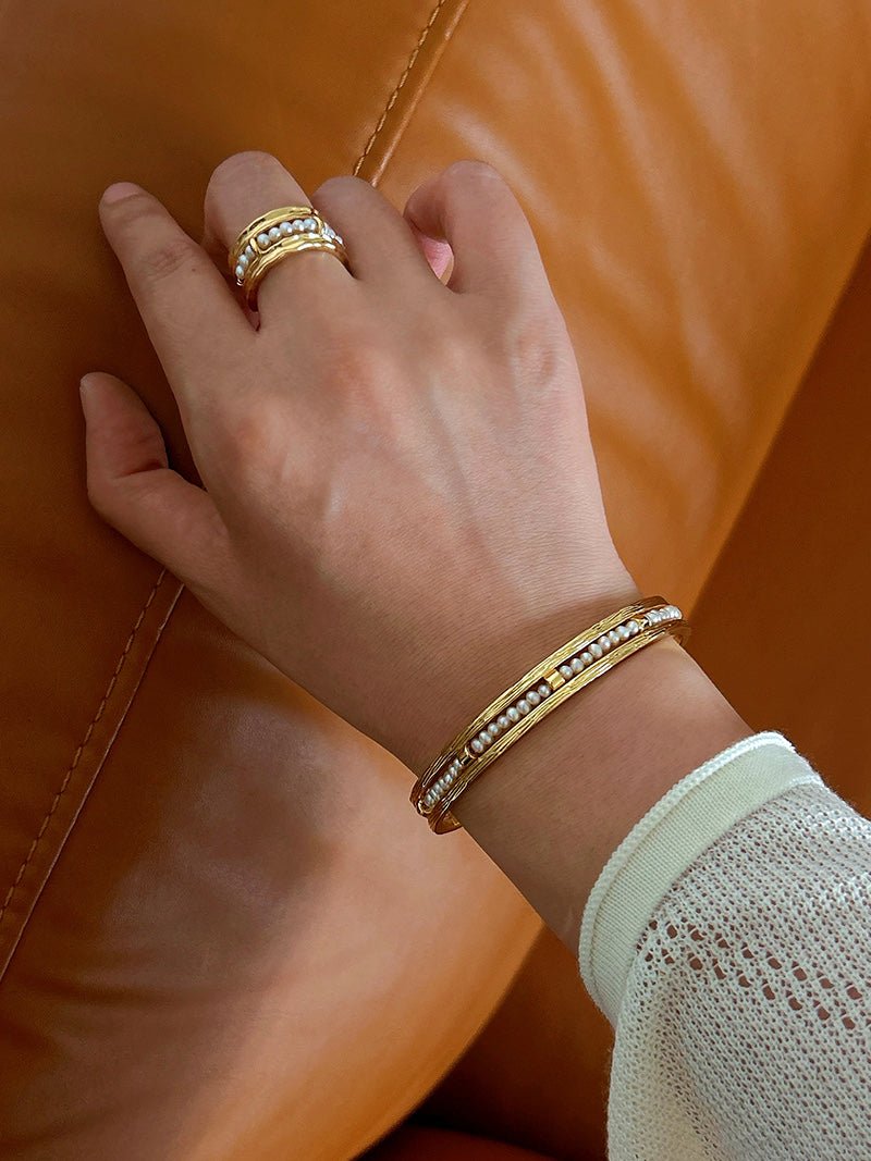 Hand Hammered Textured Inlaid Pearl Natural Stone Glass Open Cuff Bangle - floysun
