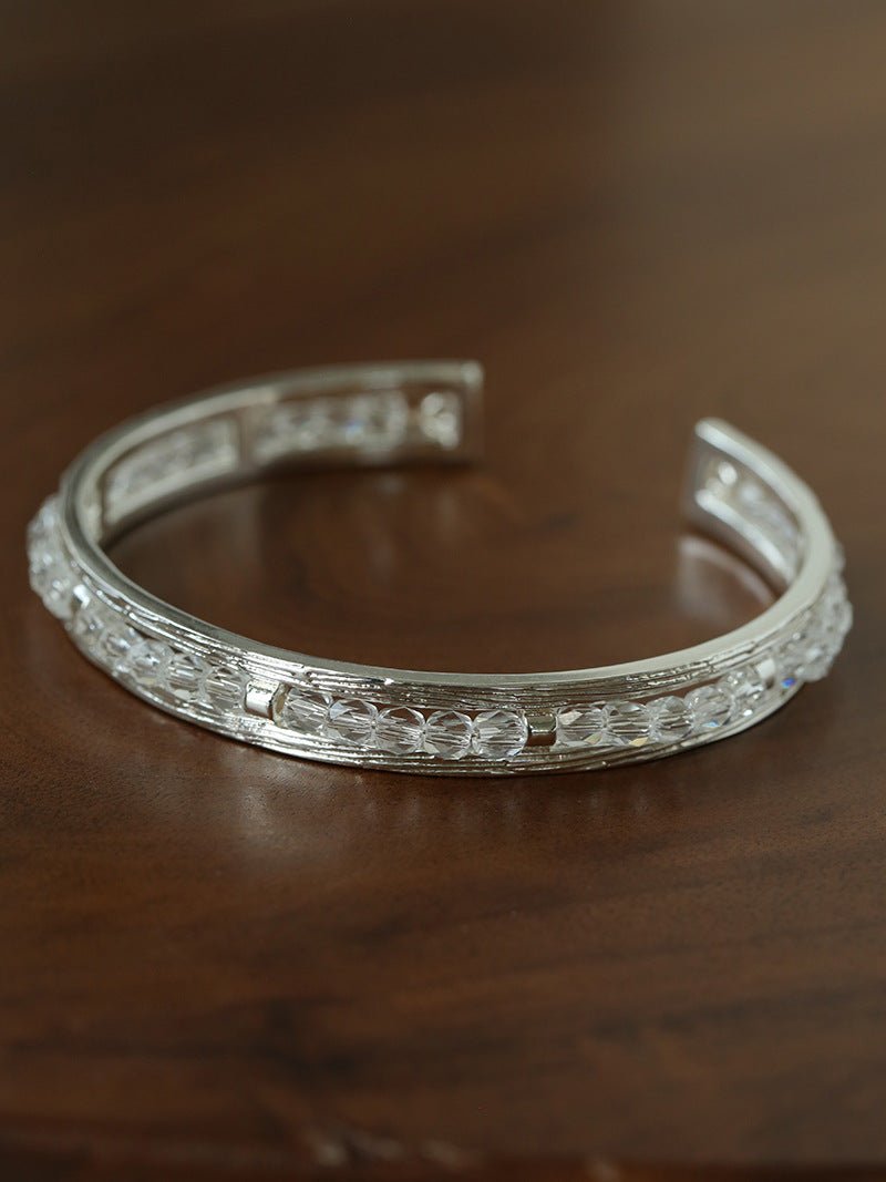 Hand Hammered Textured Inlaid Pearl Natural Stone Glass Open Cuff Bangle - floysun
