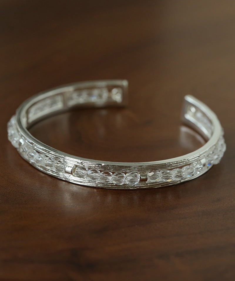 Hand Hammered Textured Inlaid Pearl Natural Stone Glass Open Cuff Bangle - floysun