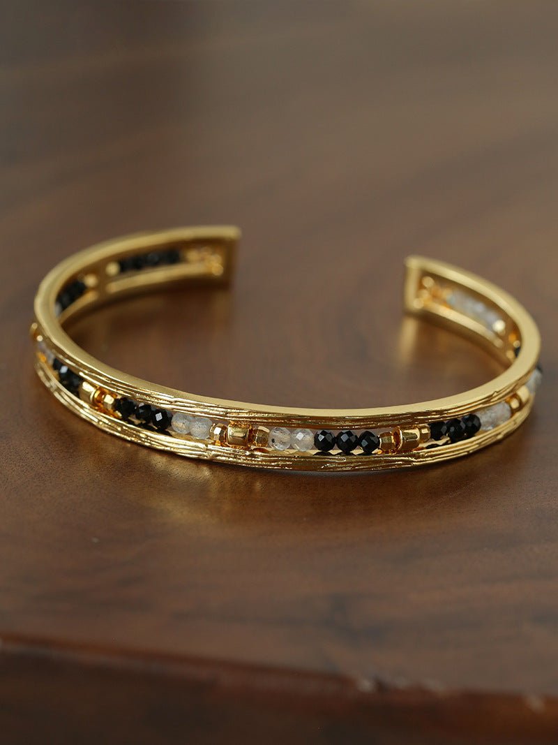 Hand Hammered Textured Inlaid Pearl Natural Stone Glass Open Cuff Bangle - floysun
