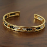 Hand Hammered Textured Inlaid Pearl Natural Stone Glass Open Cuff Bangle - floysun