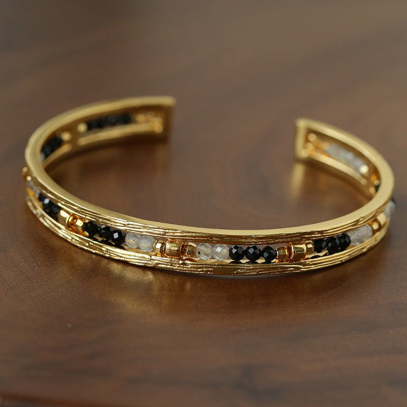 Hand Hammered Textured Inlaid Pearl Natural Stone Glass Open Cuff Bangle - floysun