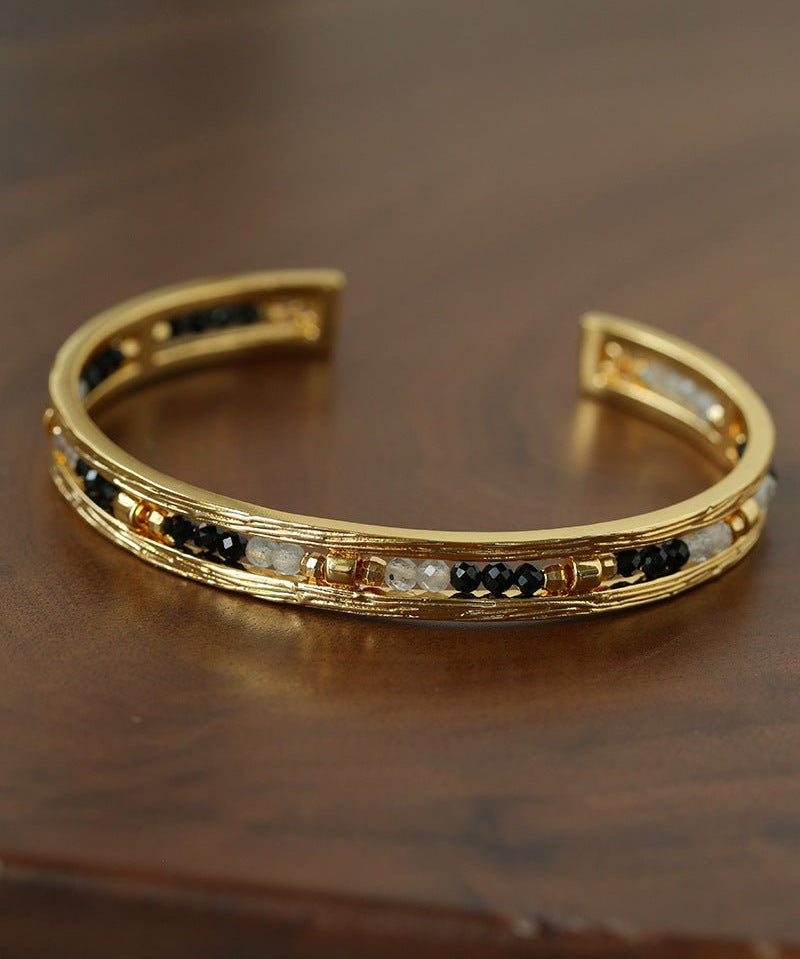 Hand Hammered Textured Inlaid Pearl Natural Stone Glass Open Cuff Bangle - floysun