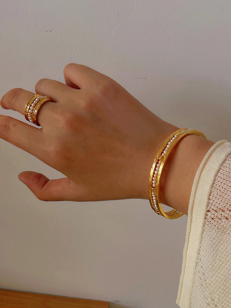 Hand Hammered Textured Inlaid Pearl Natural Stone Glass Open Cuff Bangle - floysun