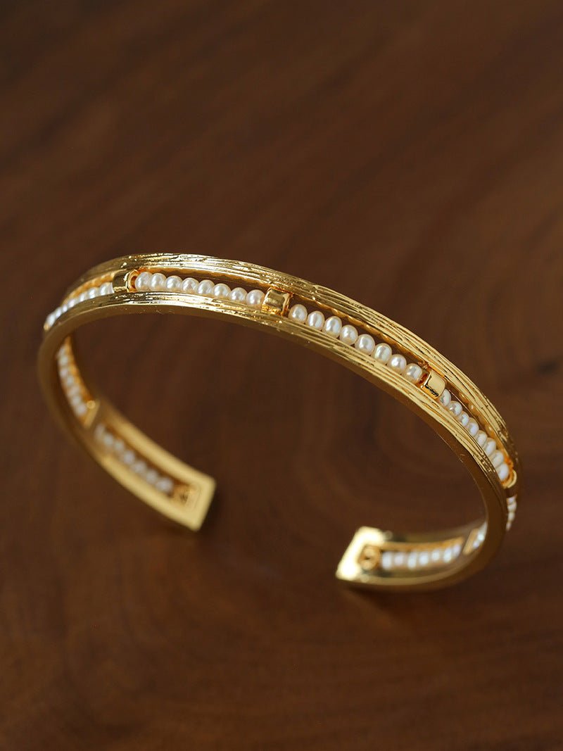Hand Hammered Textured Inlaid Pearl Natural Stone Glass Open Cuff Bangle - floysun