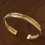 Hand Hammered Textured Inlaid Pearl Natural Stone Glass Open Cuff Bangle - floysun