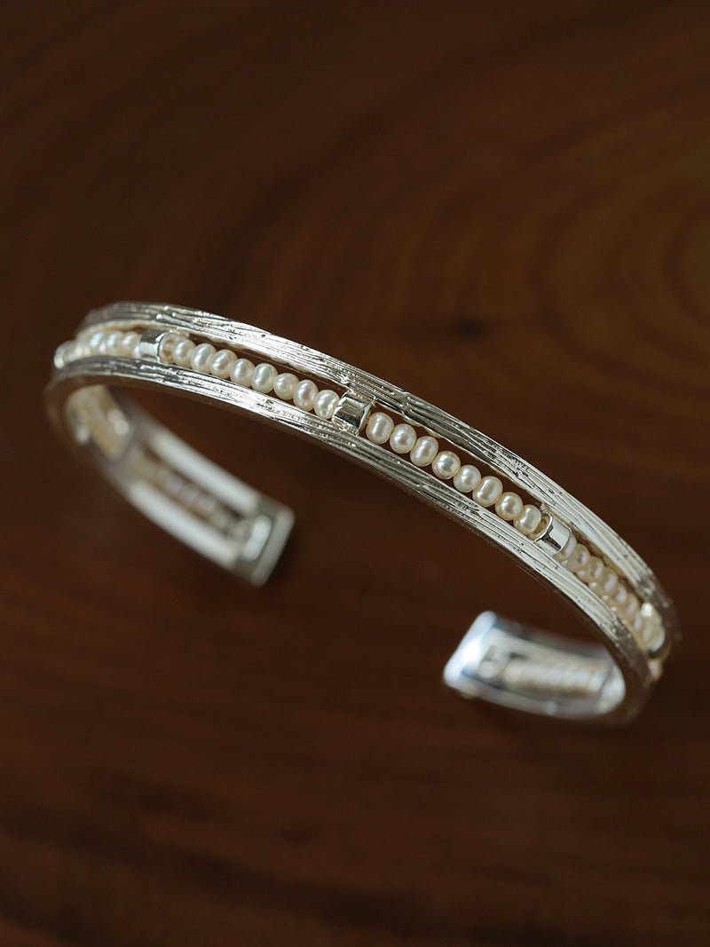Hand Hammered Textured Inlaid Pearl Natural Stone Glass Open Cuff Bangle - floysun
