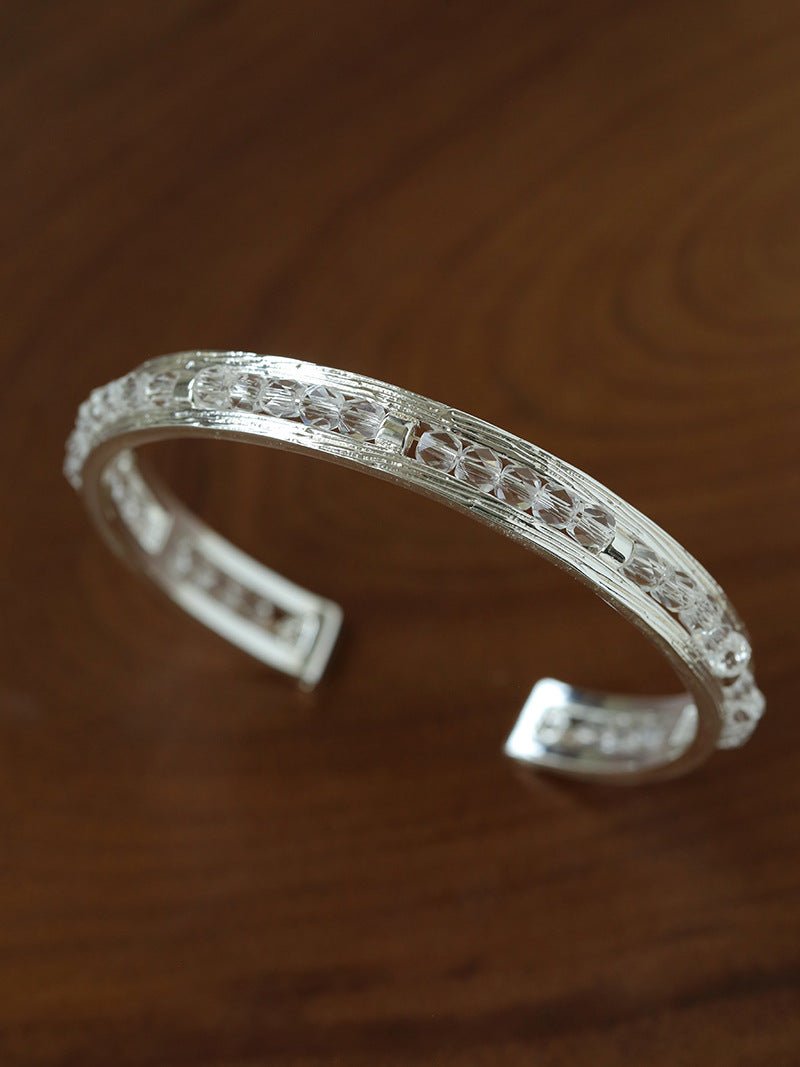 Hand Hammered Textured Inlaid Pearl Natural Stone Glass Open Cuff Bangle - floysun