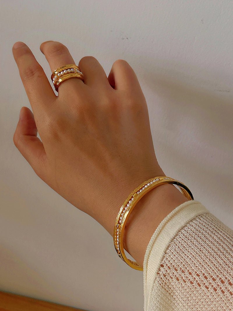 Hand Hammered Textured Inlaid Pearl Natural Stone Glass Open Cuff Bangle - floysun