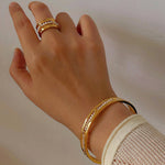 Hand Hammered Textured Inlaid Pearl Natural Stone Glass Open Cuff Bangle - floysun