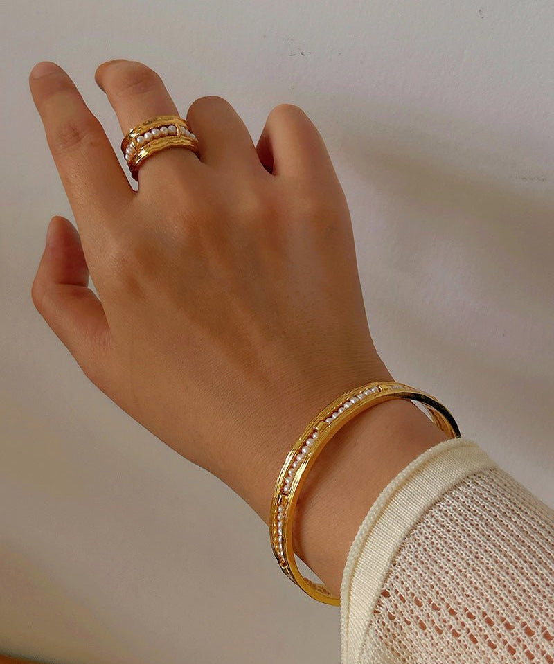 Hand Hammered Textured Inlaid Pearl Natural Stone Glass Open Cuff Bangle - floysun