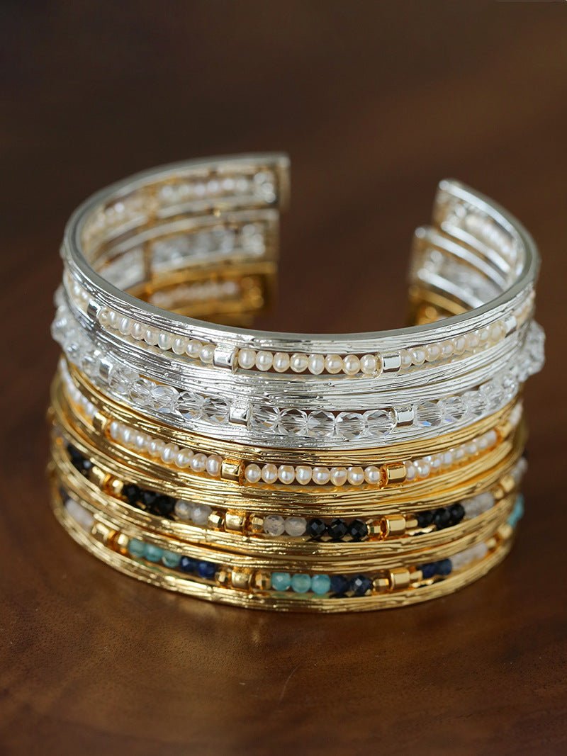 Hand Hammered Textured Inlaid Pearl Natural Stone Glass Open Cuff Bangle - floysun