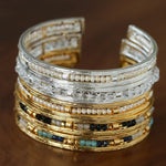 Hand Hammered Textured Inlaid Pearl Natural Stone Glass Open Cuff Bangle - floysun