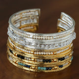 Hand Hammered Textured Inlaid Pearl Natural Stone Glass Open Cuff Bangle - floysun