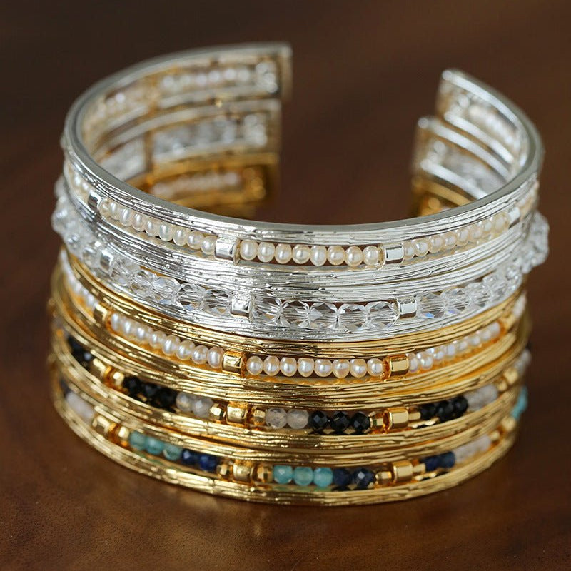 Hand Hammered Textured Inlaid Pearl Natural Stone Glass Open Cuff Bangle - floysun