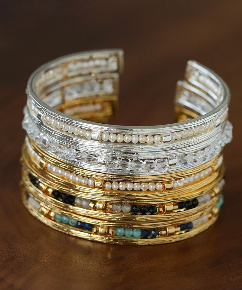 Hand Hammered Textured Inlaid Pearl Natural Stone Glass Open Cuff Bangle - floysun