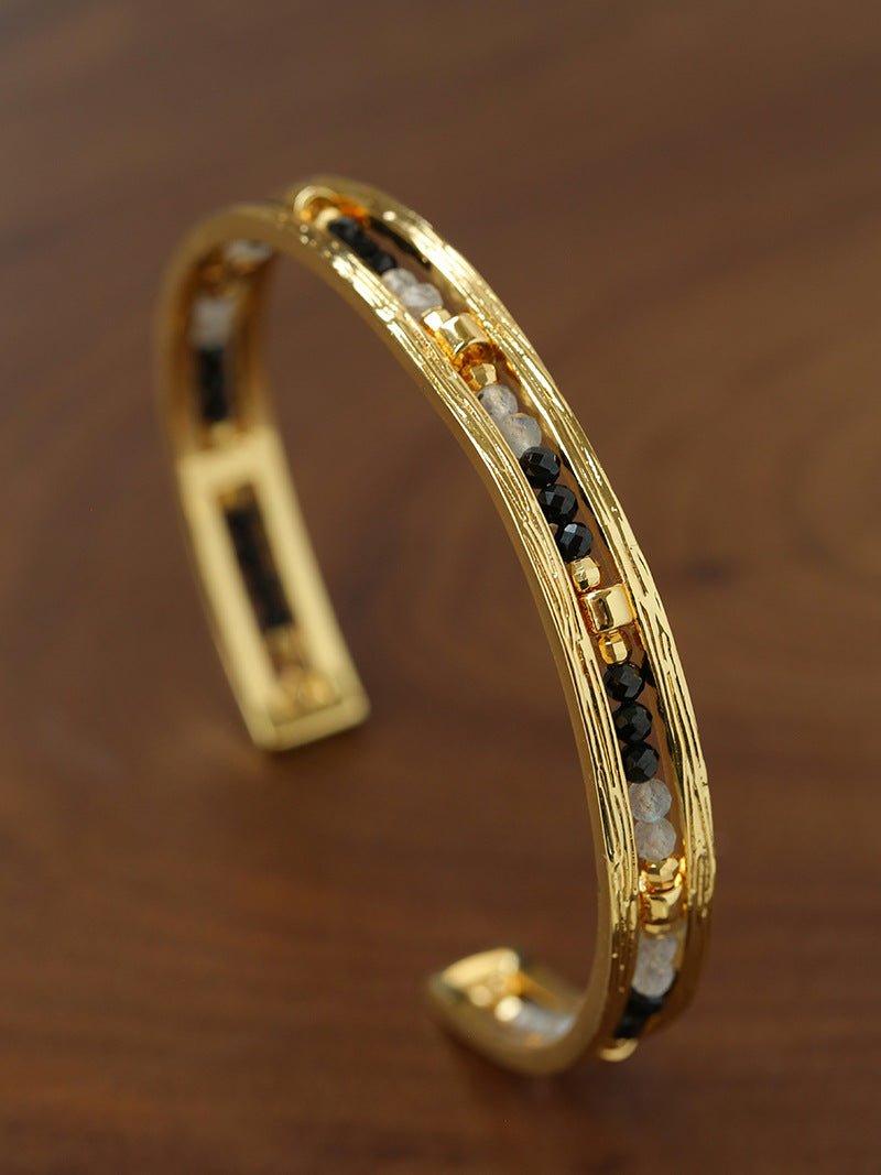 Hand Hammered Textured Inlaid Pearl Natural Stone Glass Open Cuff Bangle - floysun