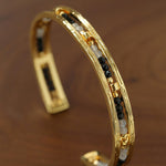 Hand Hammered Textured Inlaid Pearl Natural Stone Glass Open Cuff Bangle - floysun