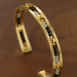 Hand Hammered Textured Inlaid Pearl Natural Stone Glass Open Cuff Bangle - floysun