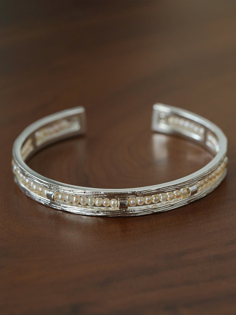 Hand Hammered Textured Inlaid Pearl Natural Stone Glass Open Cuff Bangle - floysun
