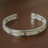 Hand Hammered Textured Inlaid Pearl Natural Stone Glass Open Cuff Bangle - floysun