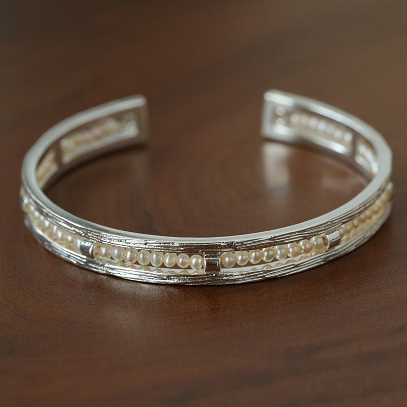 Hand Hammered Textured Inlaid Pearl Natural Stone Glass Open Cuff Bangle - floysun
