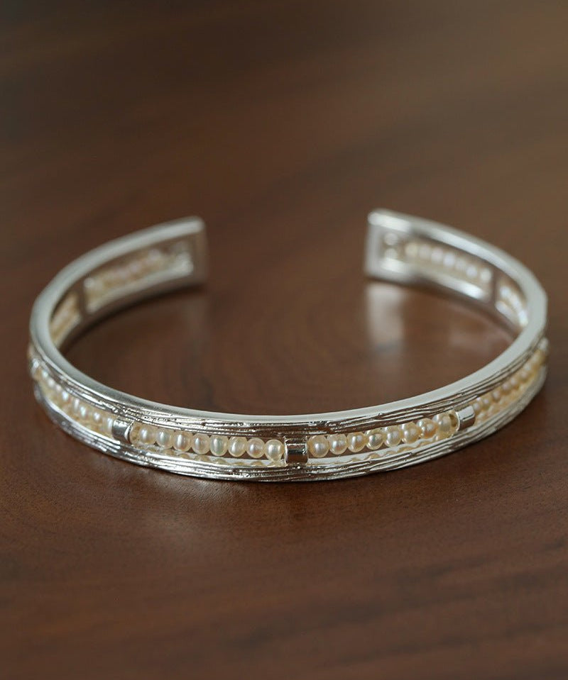 Hand Hammered Textured Inlaid Pearl Natural Stone Glass Open Cuff Bangle - floysun