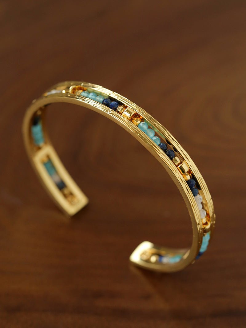Hand Hammered Textured Inlaid Pearl Natural Stone Glass Open Cuff Bangle - floysun