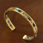 Hand Hammered Textured Inlaid Pearl Natural Stone Glass Open Cuff Bangle - floysun