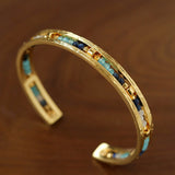 Hand Hammered Textured Inlaid Pearl Natural Stone Glass Open Cuff Bangle - floysun