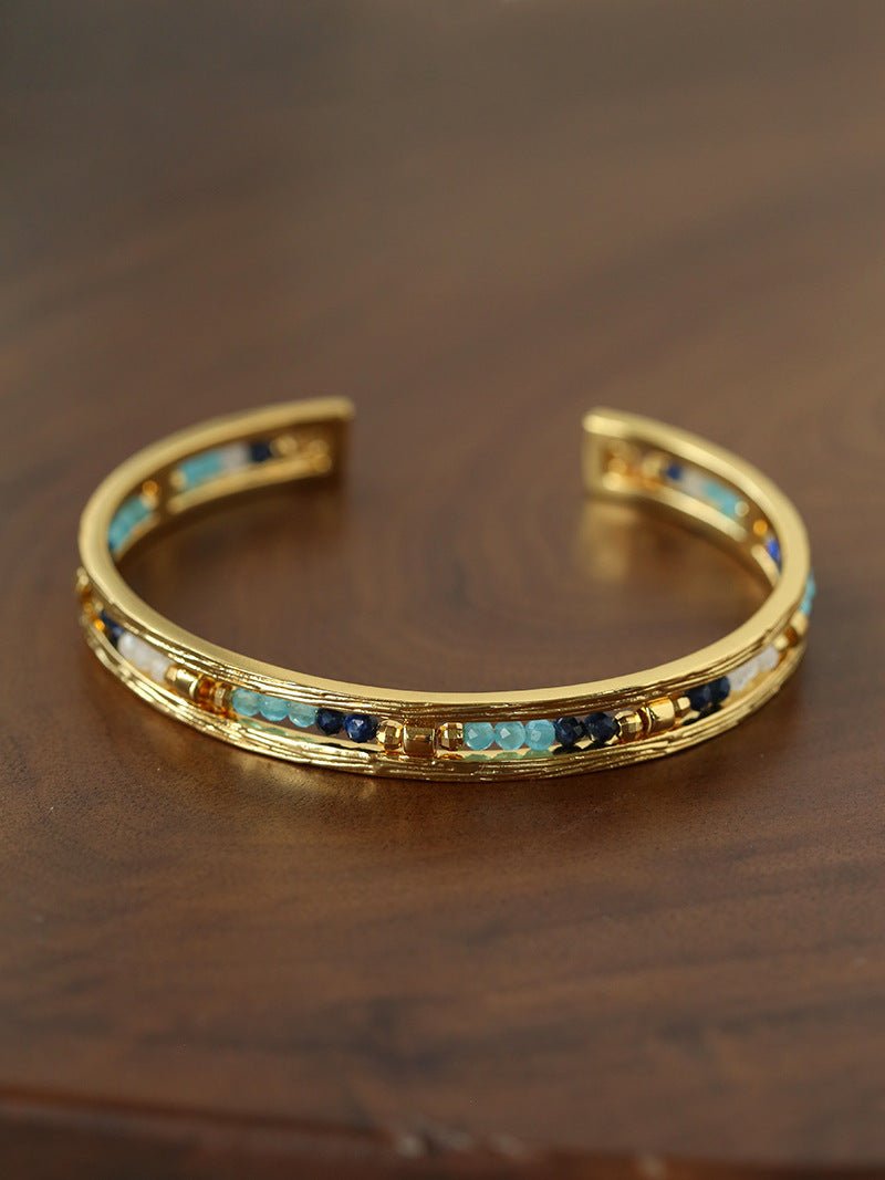 Hand Hammered Textured Inlaid Pearl Natural Stone Glass Open Cuff Bangle - floysun